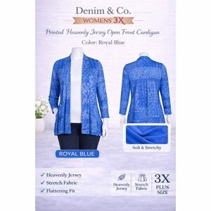 Denim & Co Womens 3X Royal Blue Printed Jersey Open Front Cardigan A271578